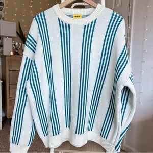 NEOITY Vintage White Knit Pullover Sweater Coastal Turquoise Stripes One Size